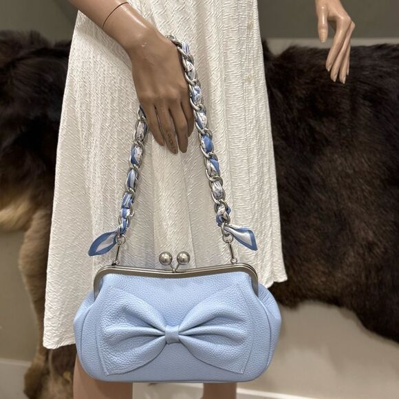 Blue Togo Cowhide Leather Handmade Large Bow Kisslock Bag With 3 Strap Styles - Picture 6 of 16